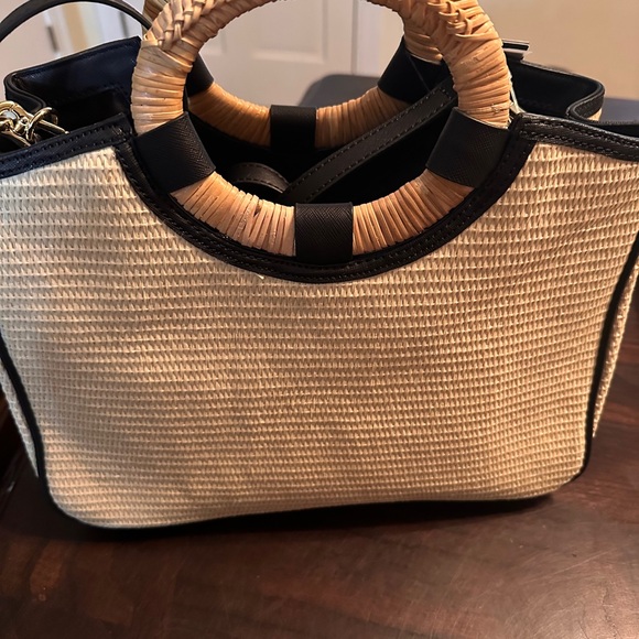 Karl Lagerfeld  Beige and Black Floral Accent Straw Crossbody Tote - Picture 3 of 8